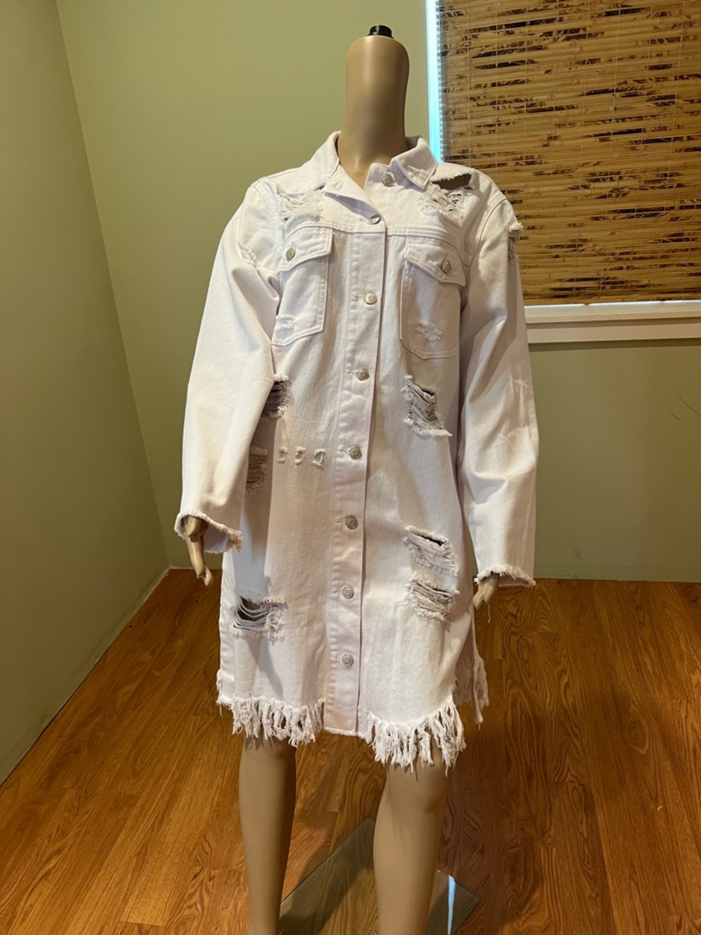 Akira Women’s Distressed White Denim Long Jacket Size L